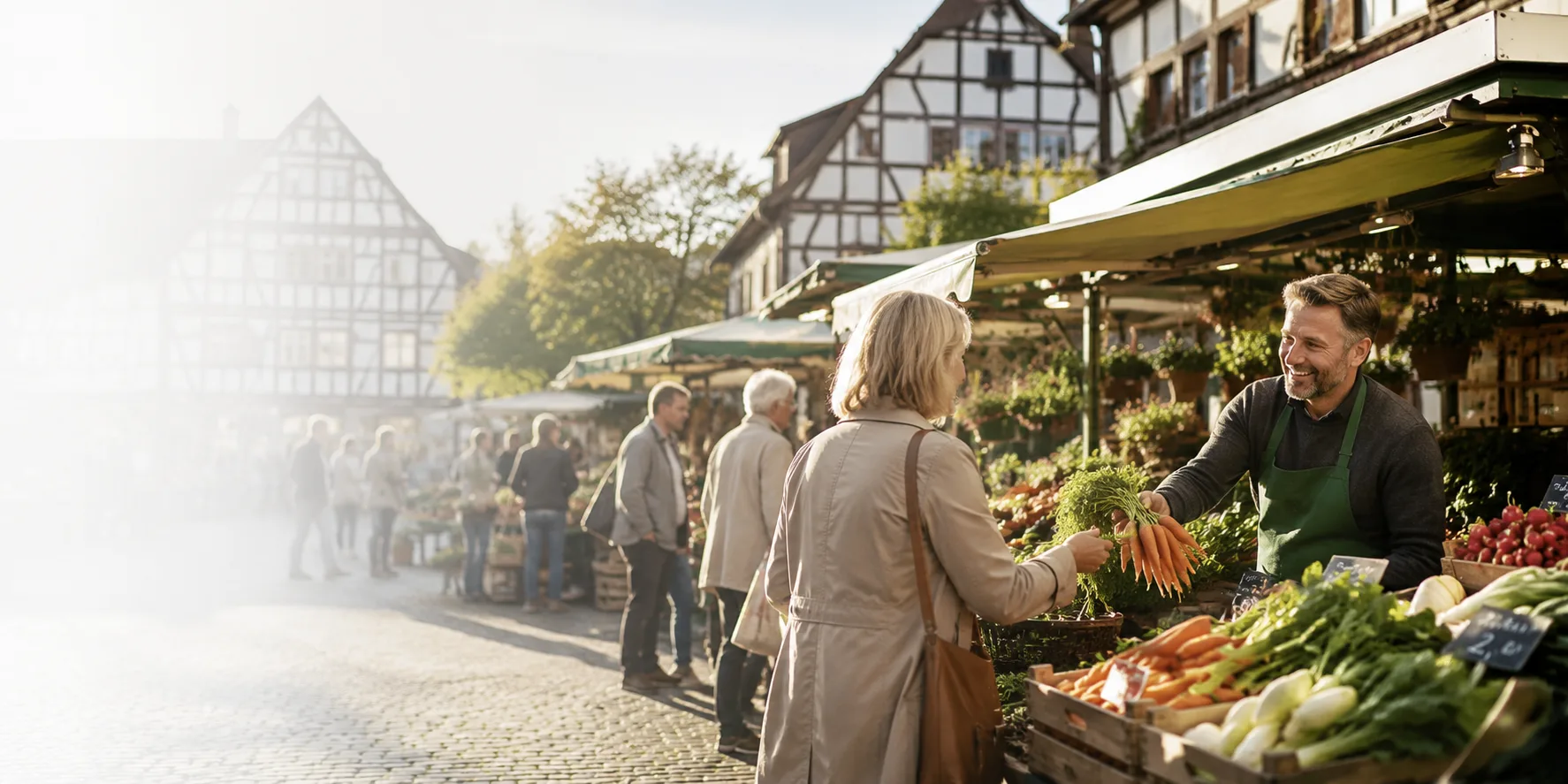 Frischer Wochenmarkt mit regionalem Gemüse und freundlichem Marktgeschehen